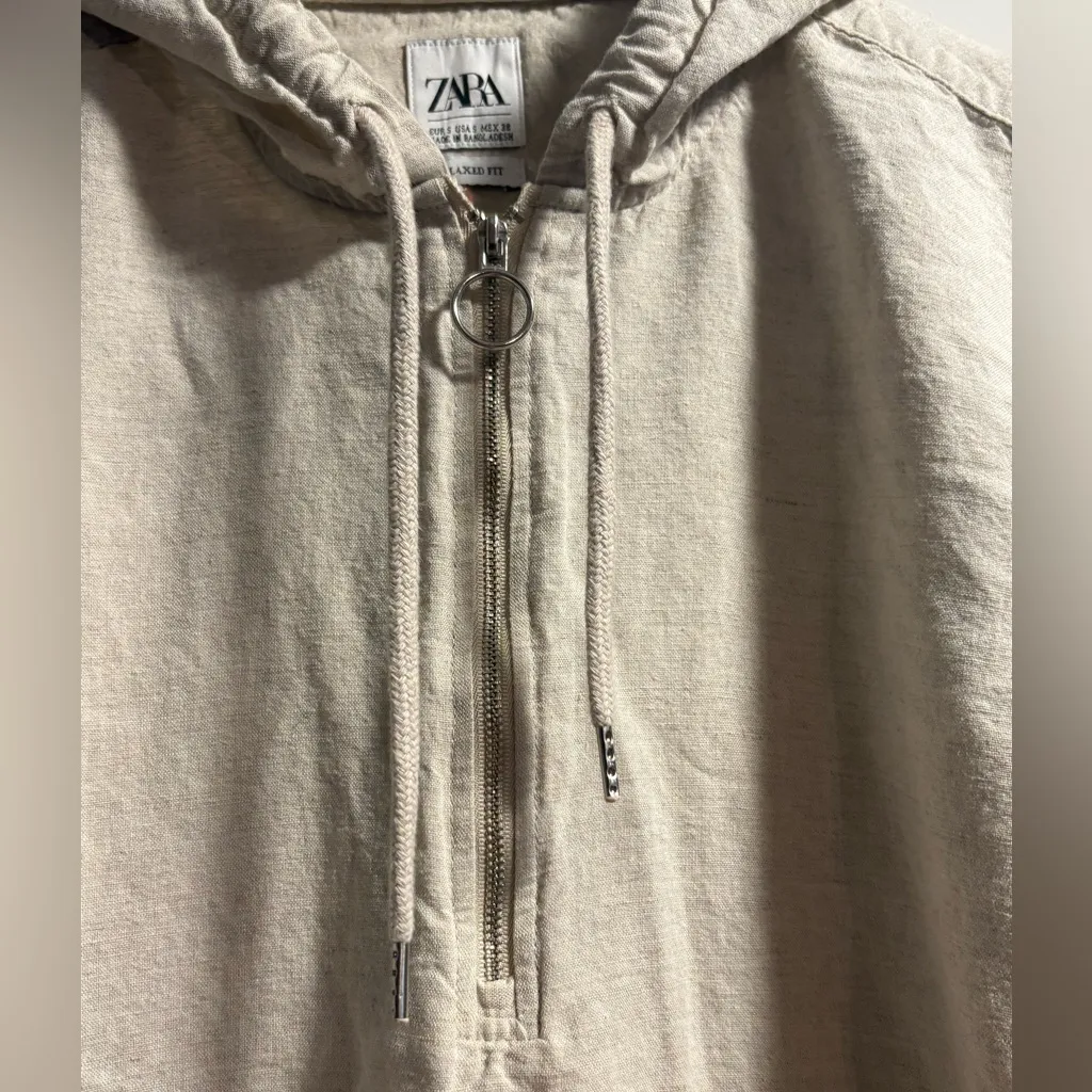 Zara Beige Linen Pullover Hoodie Jacket Womens Small Lightweight - Image 3