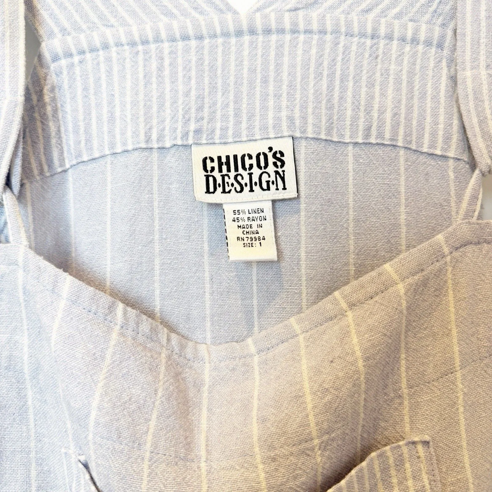 Chicos Cottage Linen Pinafore Maxi Dress Size 1 Blue Stripe Prairie Apron Coast - Image 6