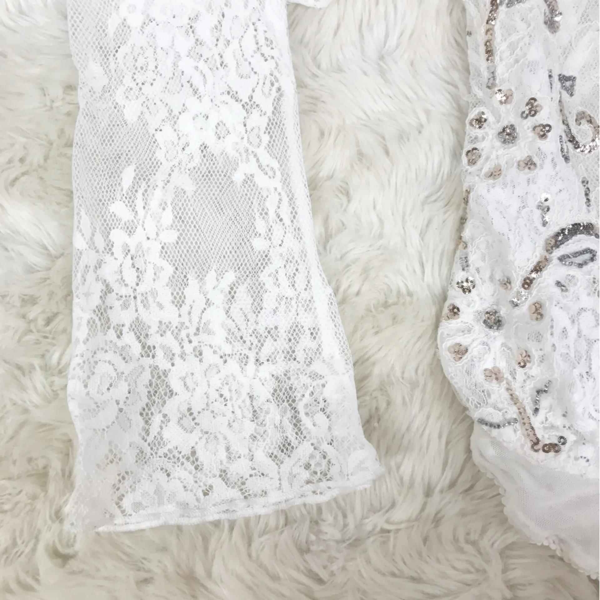 FREE PEOPLE Sheer White Lace Sequin Beaded Bodysuit XS Embroidered Boho Festival - Image 9