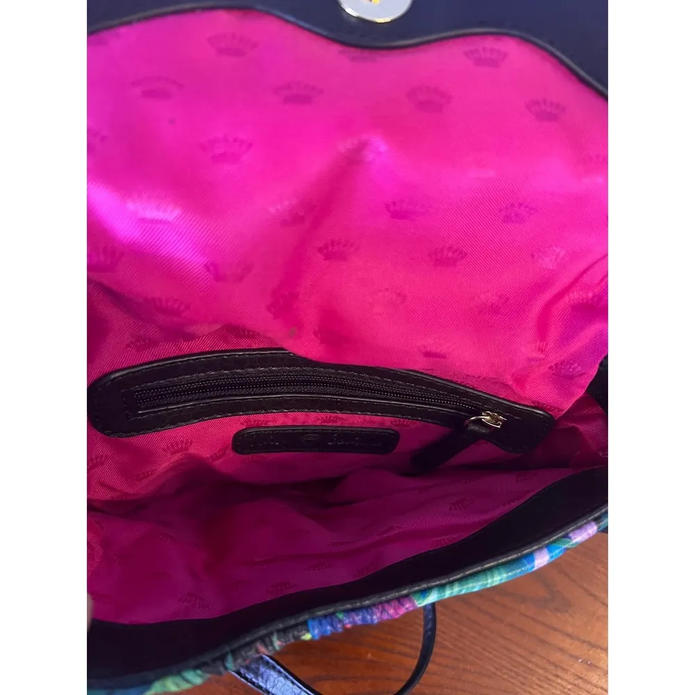Juicy Couture Crossbody Bag Floral Tropical Print Black Leather Adjustable Strap - Image 7