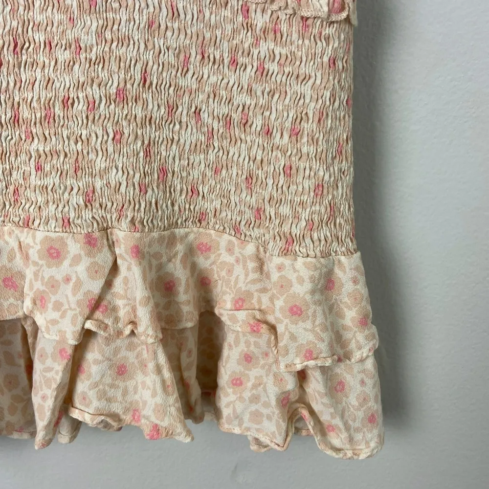 Blakely Dress Smocked V-neck Pink Floral Ruffle Mini Dress Medium - Image 4