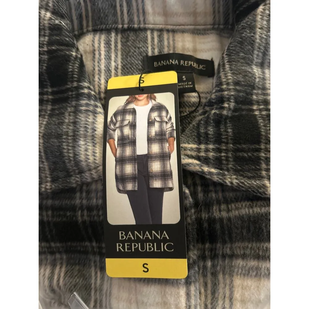 Banana Republic Women Black and Cream Brushed Flannel Plaid Shirt Jacket Small - Image 4