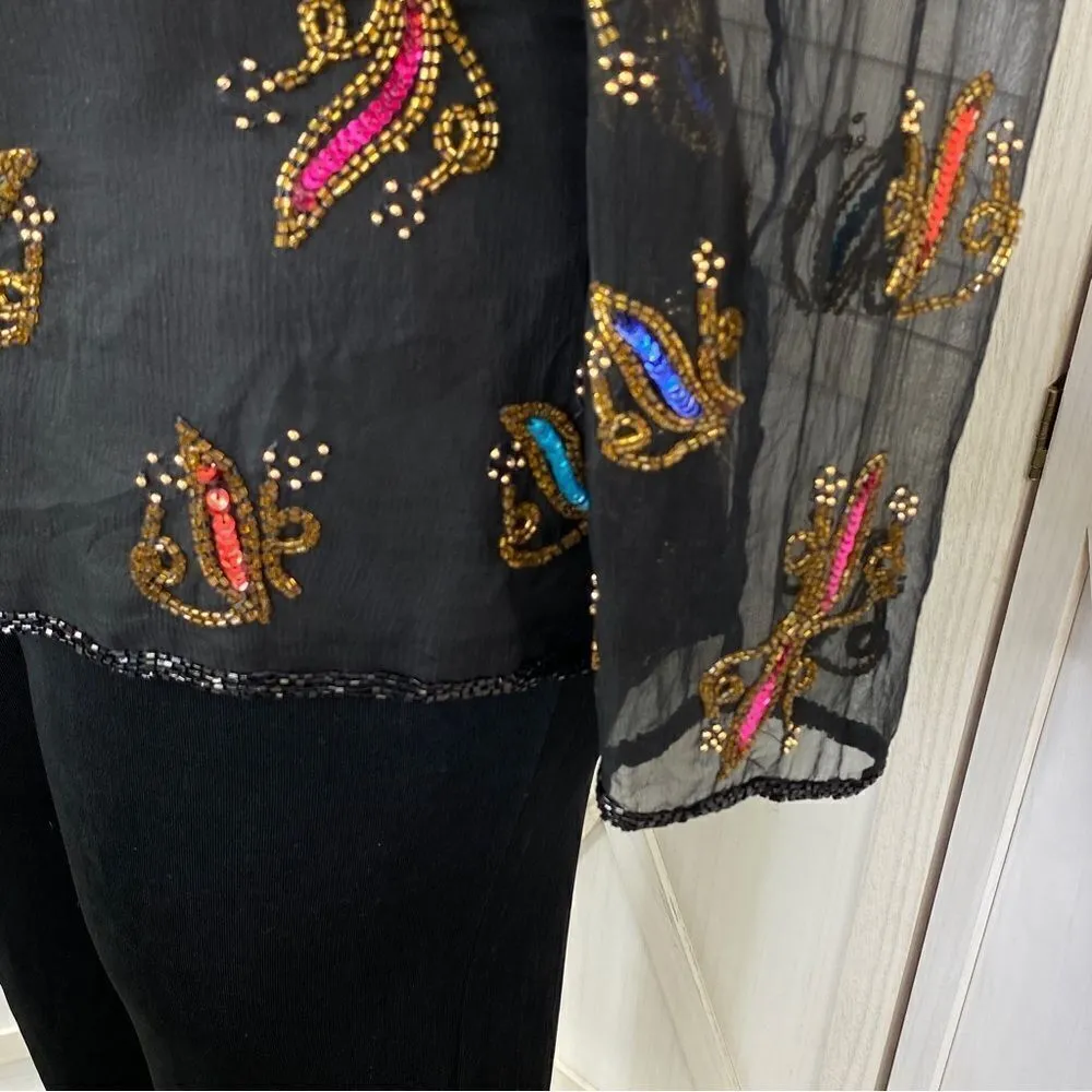 Stenay Vintage Sequin Beaded Silk Blouse‎ Black Multi XL - Image 6