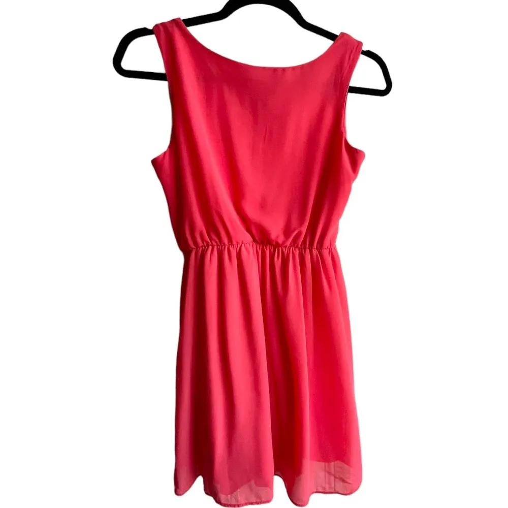 iZ Byer Coral Mini DRESS Juniors Size 14 Pink Orange Pleated Ruffled Sleeveless - Image 4