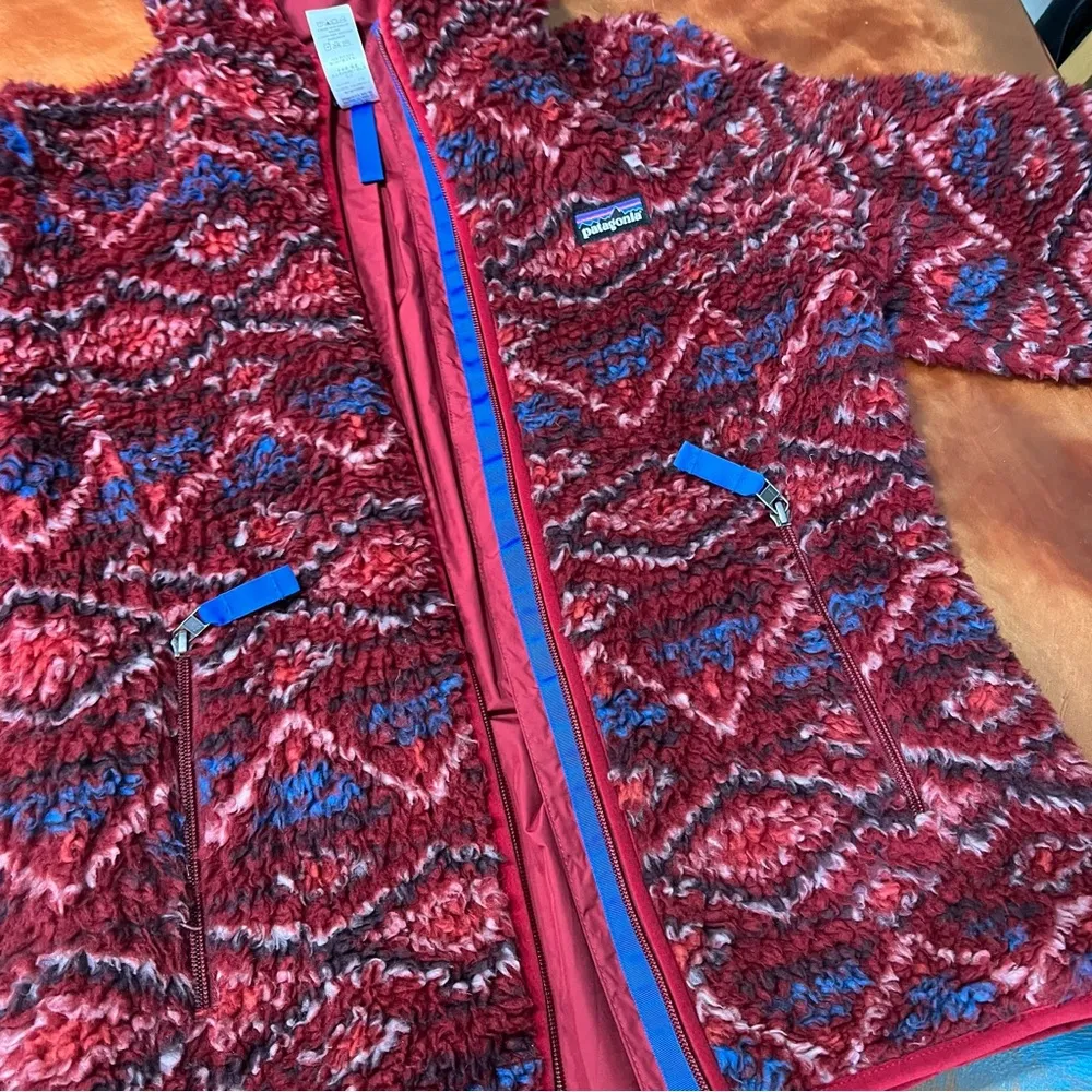 Patagonia Deep Pile Retro X Fleece Hooded Full zip lined jacket medium red blue - Image 9
