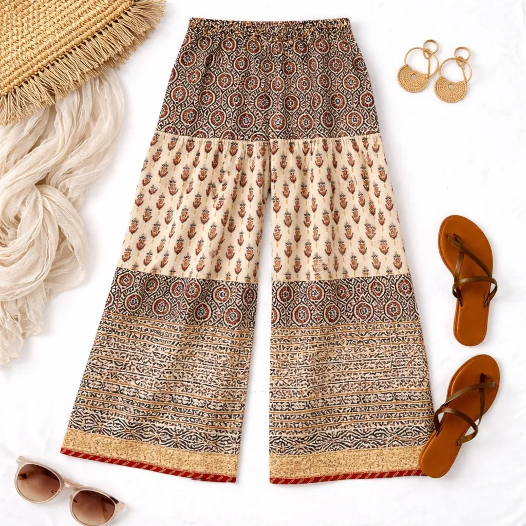 Studio Rasa Block Print Tiered Wide Leg Palazzo Pants Size 40 Boho Metallic Hem Gold - Image 16