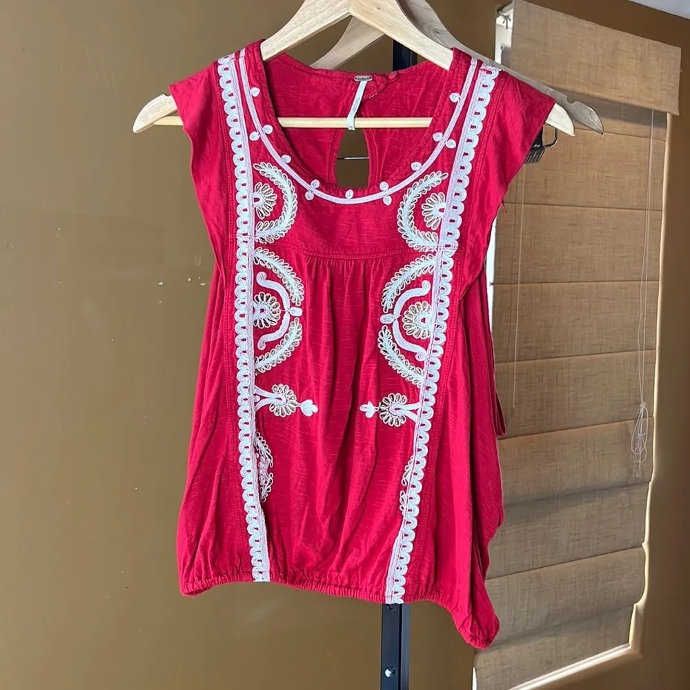 Free People Dos Segundos Embroidered Red Boho Blouse Top Size XS - Image 5