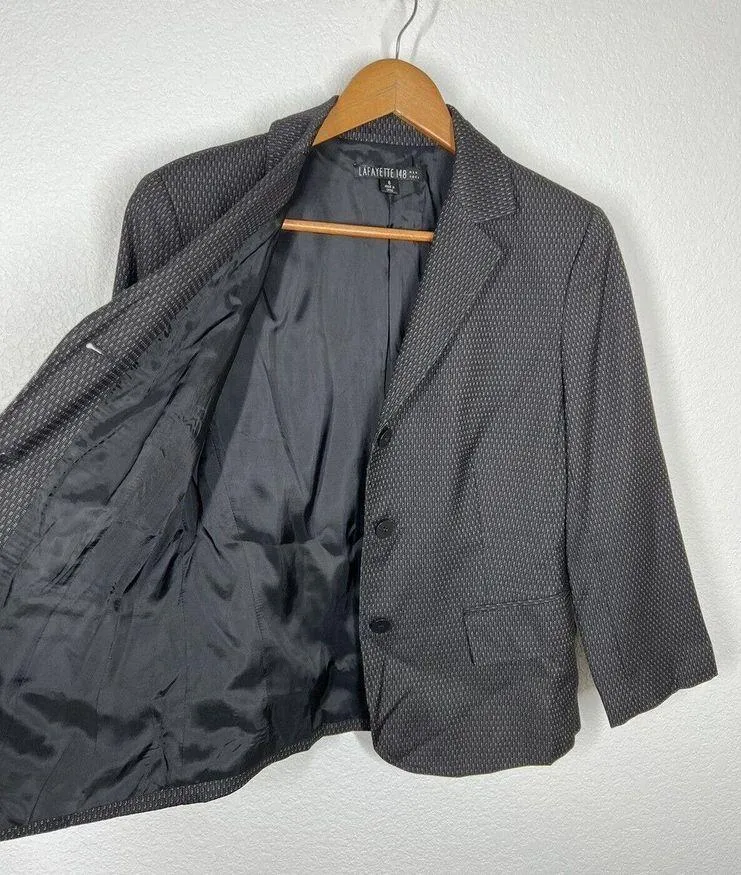 Lafayette 148 Blazer Size 6 Wool Blend Charcoal Printed Jacket - Image 4