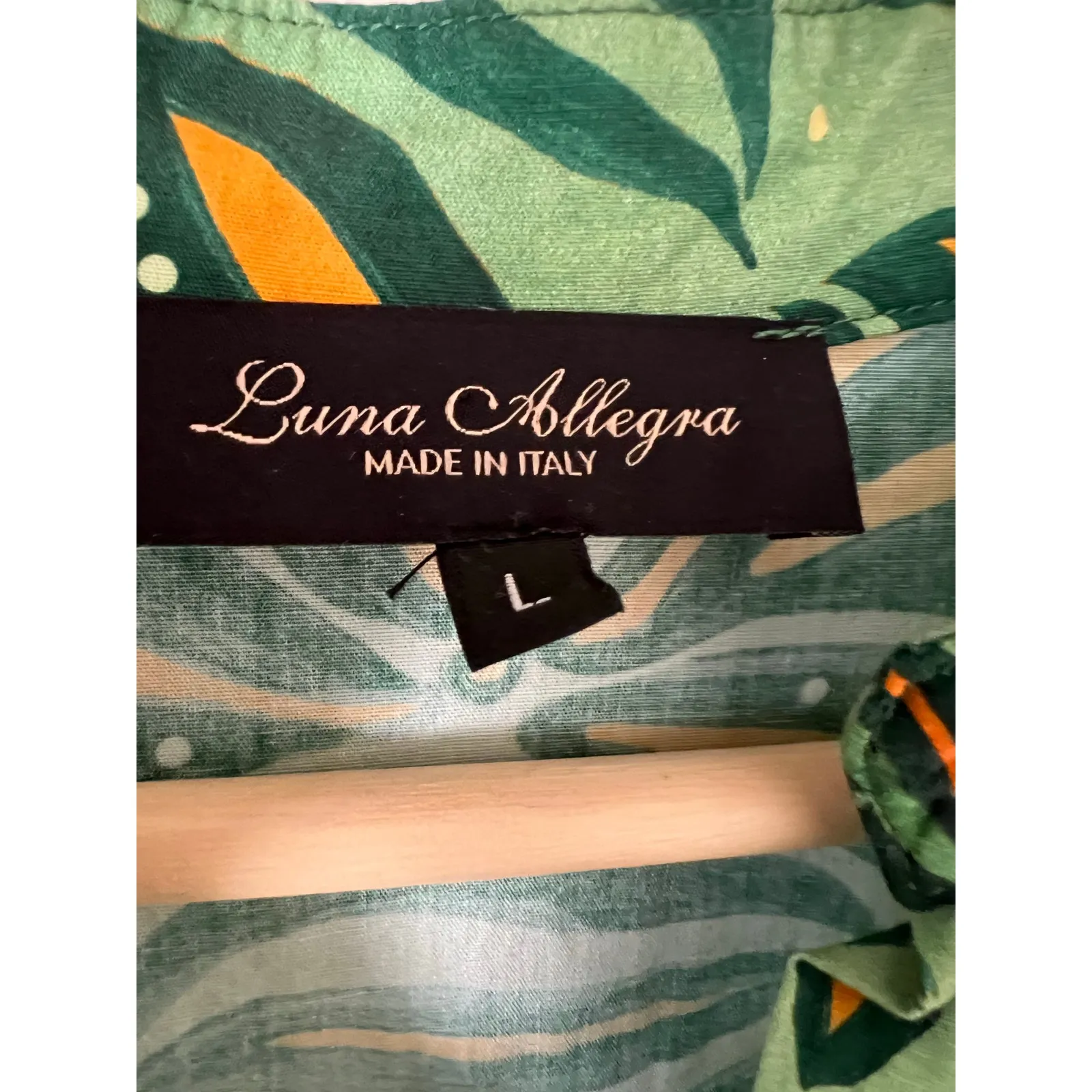 Luna Allegra Cotton Green Botanical Dress Large Bell Sleeve Midi Mandarin Collar - Image 3