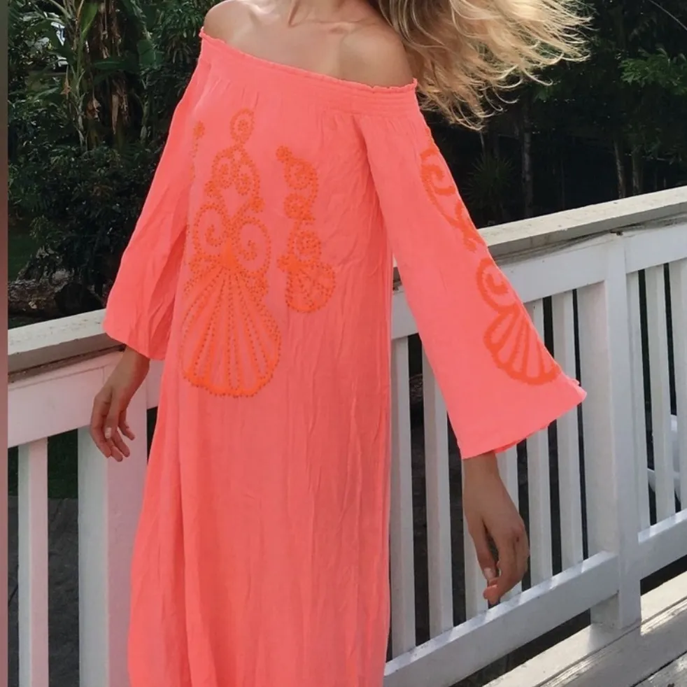 Lilly Pulitzer Nita Maxi Dress Off The Shoulder Guava Melon Beaded XXS - Image 3
