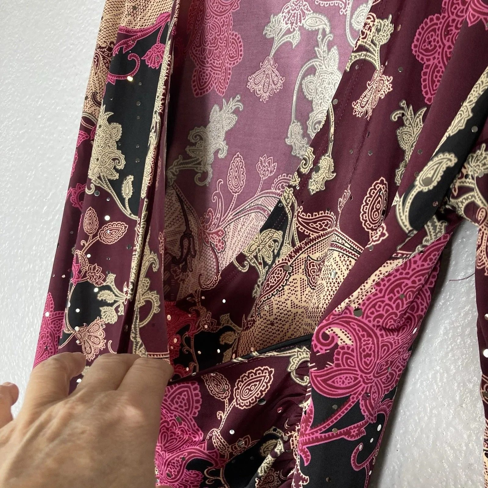 Y2K Top L Dark Paisley Floral Fairy Whimsigoth V-neck Faux Wrap Sparkle Dots - Image 7