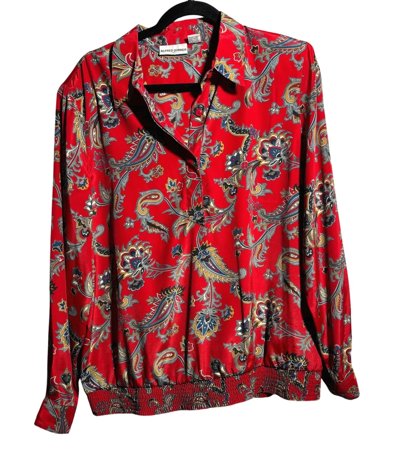Vintage Bright Red Paisley Long Sleeve Top Womens 16 Preppy Holiday 80s 90s VTG - Image 1