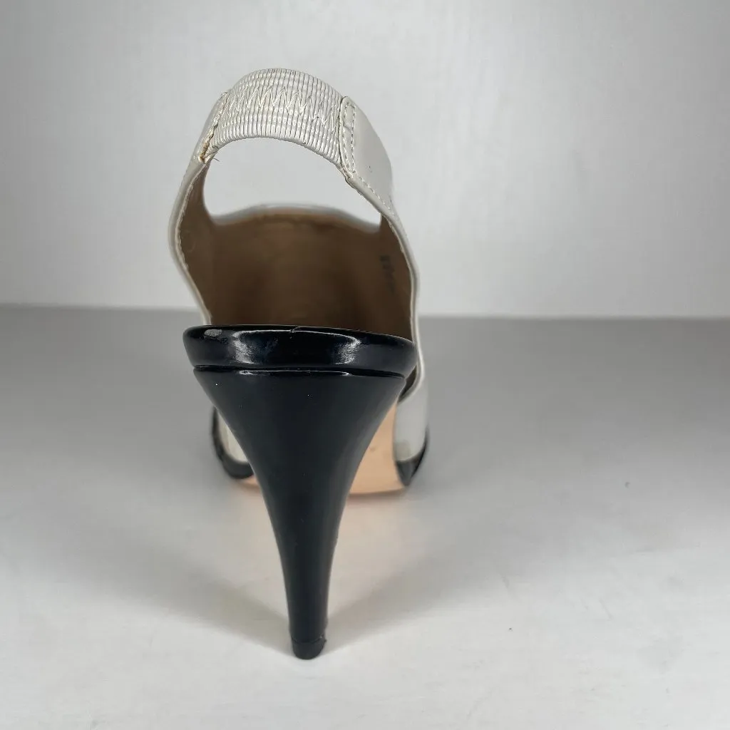 Taupe Black Patent Leather Spats Style Peep Toe Heels Sz 6M Occasion - Image 5