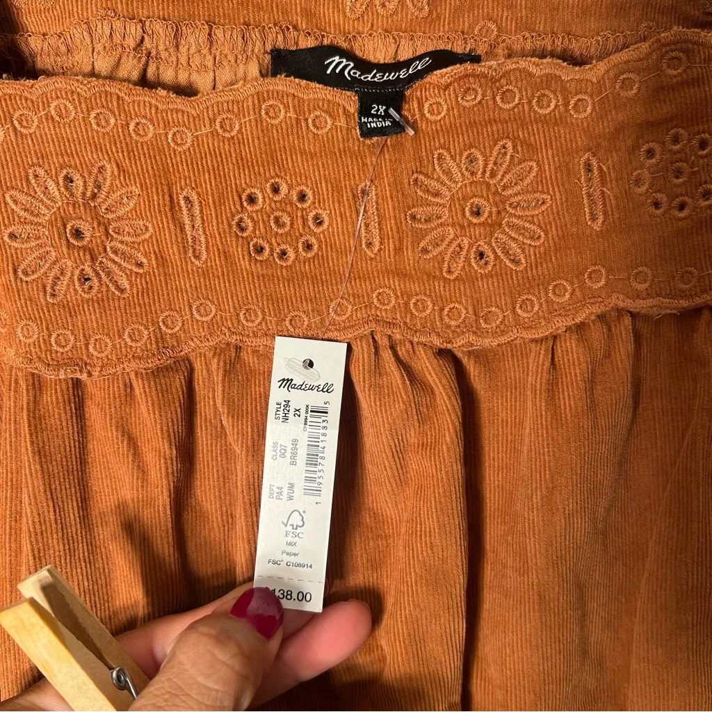 Madewell Terracotta 3/4 puff Sleeve embroidered corduroy square-neck boho Dress - Image 6