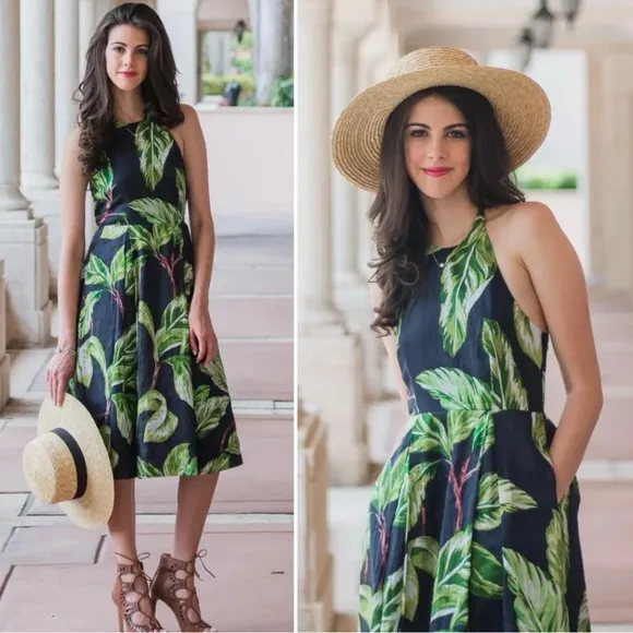 ANN TAYLOR Amalfi Tropical Palm Leaf Print Halter Fit Flare Dress, Sz 4P - Image 2