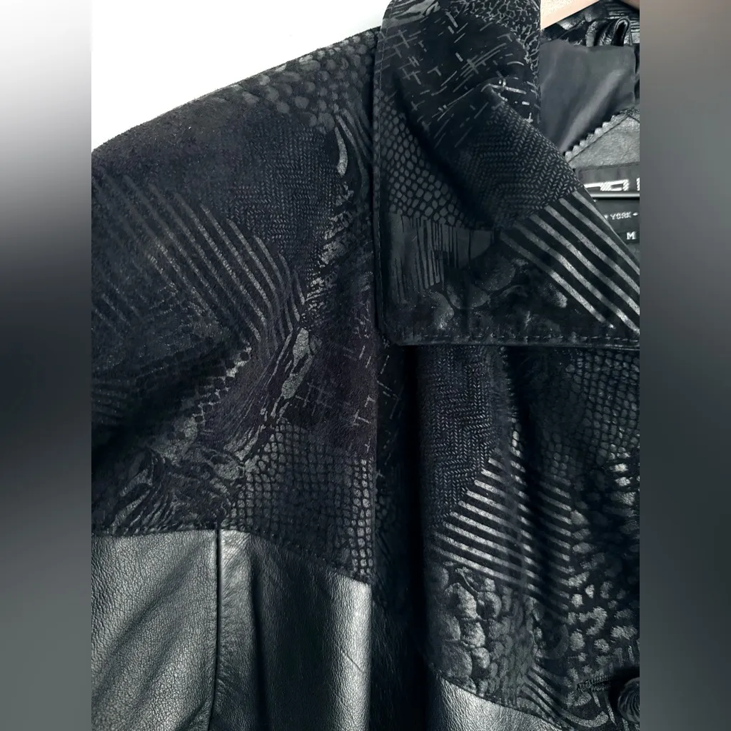 Vintage 80s Pelle Black Leather Trench Coat Shoulder Pads Suede Embossed Trim M Size M - Image 5
