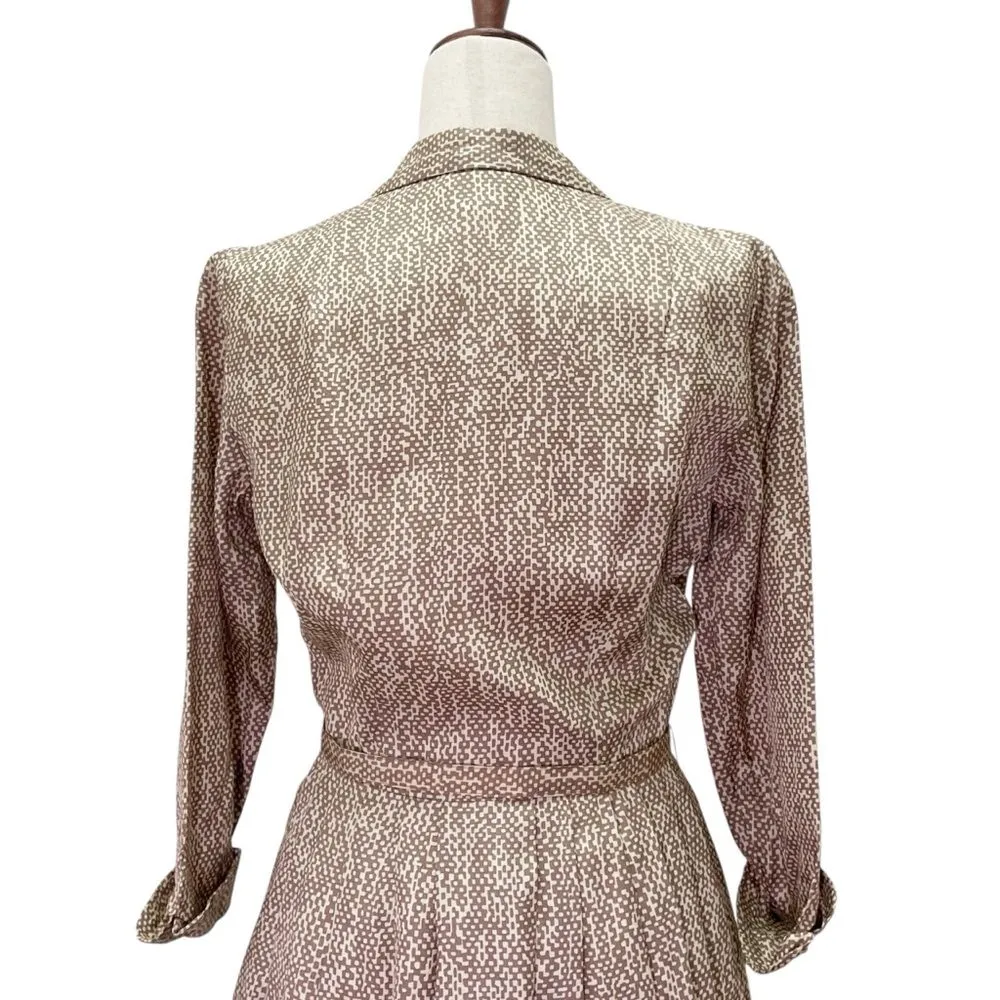 Vintage 1950s L’Aiglon Tan White Abstract Print Shirtwaist Dress Belted Size 14 - Image 8