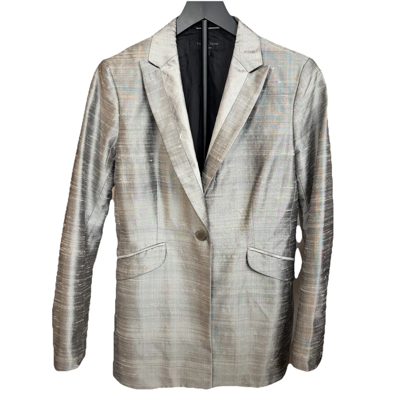 Rag & Bone Size 2 Silver Gray 100% Silk Dupioni Blazer Metallic Party Workwear - Image 2