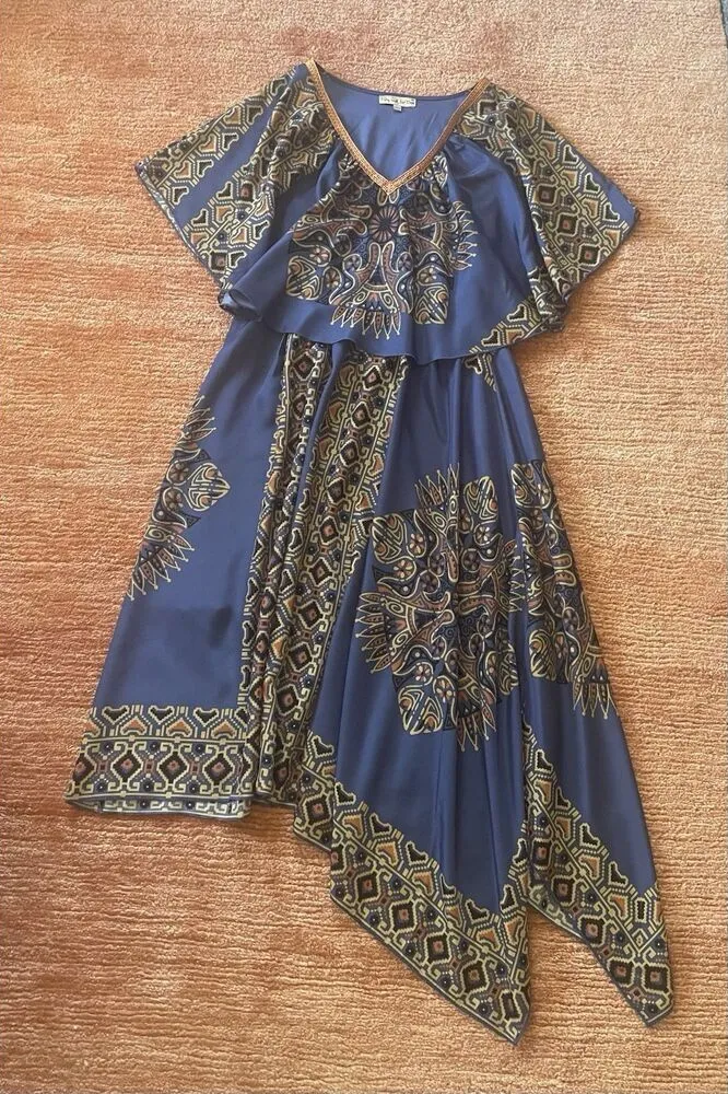 Live and Let Live Boho Asymmetric Blue Aztec Dress Cape Yoke Size S - Image 1