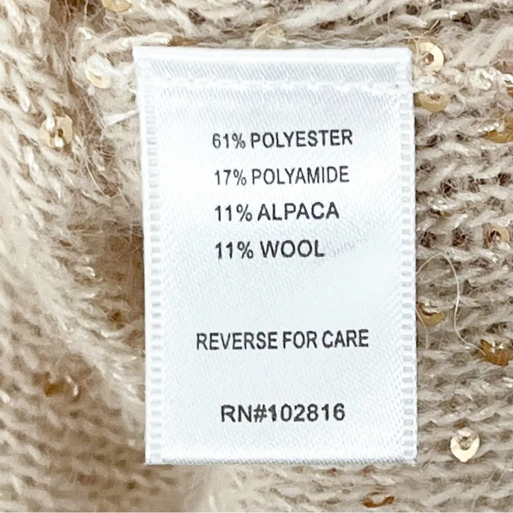 GARNET HILL Metallic Gold Sequin Alpaca Wool Blend V-Neck Sweater, Size Medium - Image 4