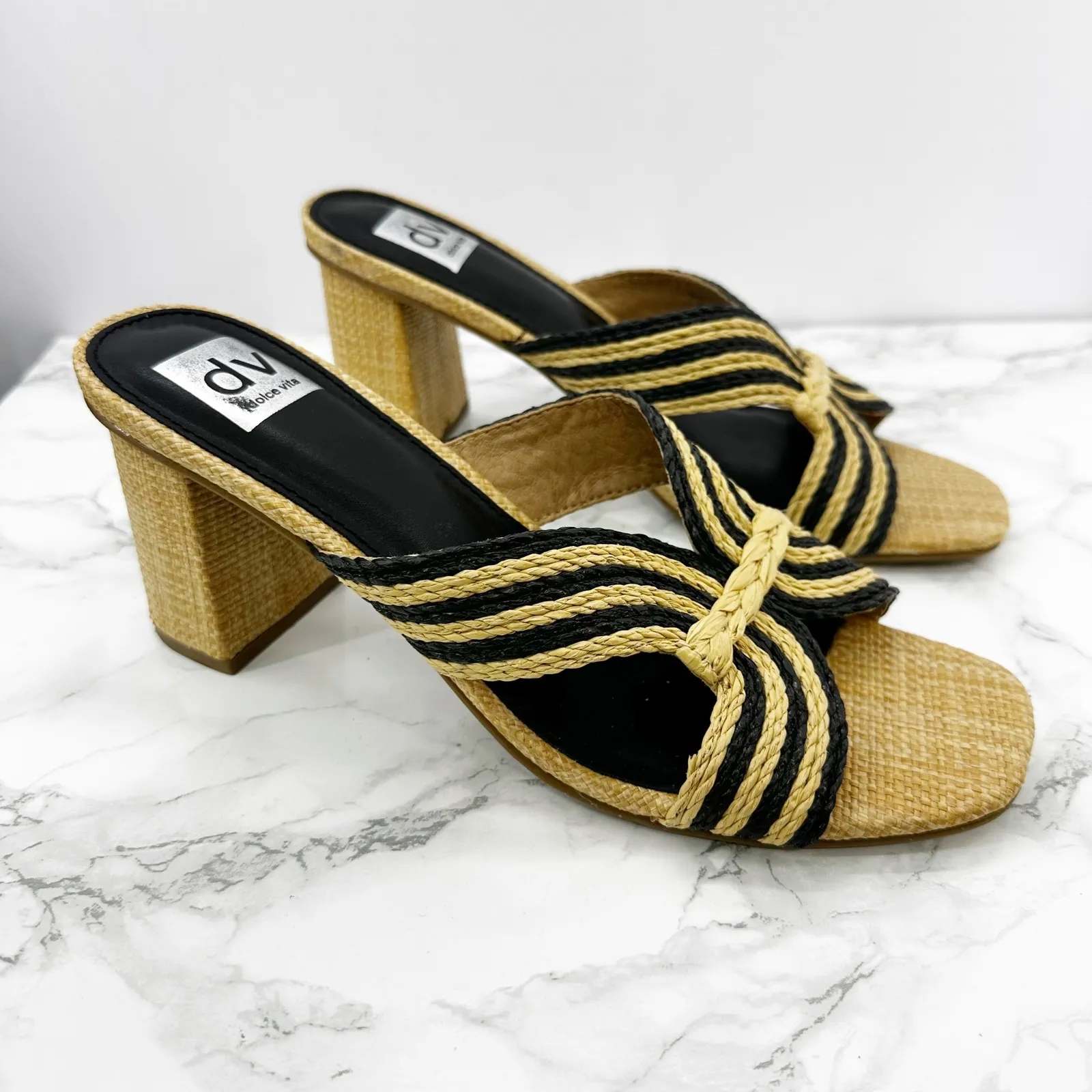 DV Dolce Vita Haady Rafia Straw Wedge Slide Sandals Women Size 10 Black Tan - Image 4