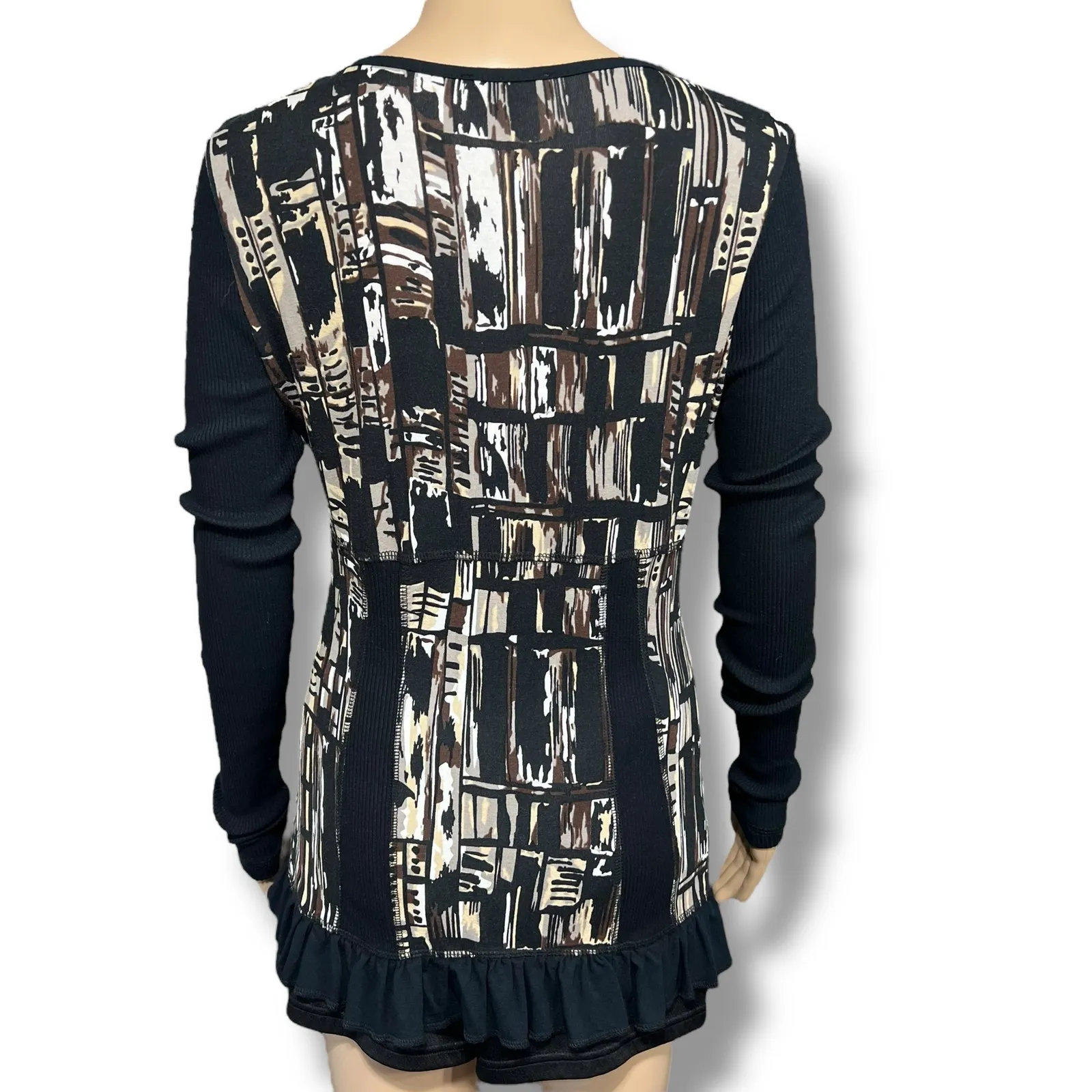 Dolcezza Womens Shirt Top Full Zip Long Sleeve Ribbed Ruffled Hem Black Brown S - Image 3