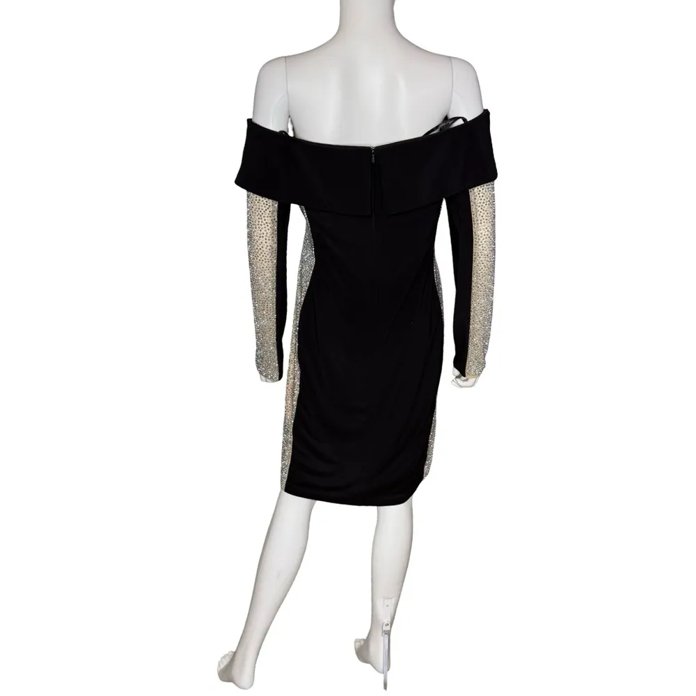 XSCAPE Women's Rhinestone-Mesh-Side Off-The-Shoulder Dress Black Sz 12 - Image 6