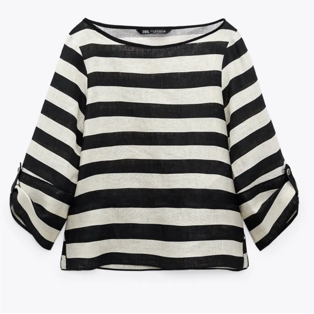 Zara 100% Linen Crispy Striped Top Blouse Women M Roll Tab Kimono Sleeves NWOT - Image 2