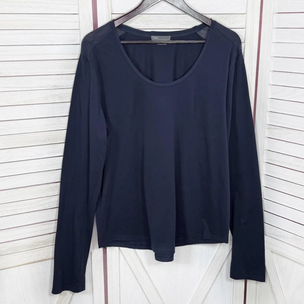 Vince Sheer Silk Shoulder Scoop Neck Long Sleeve Shirt Navy Blue XL - Image 6