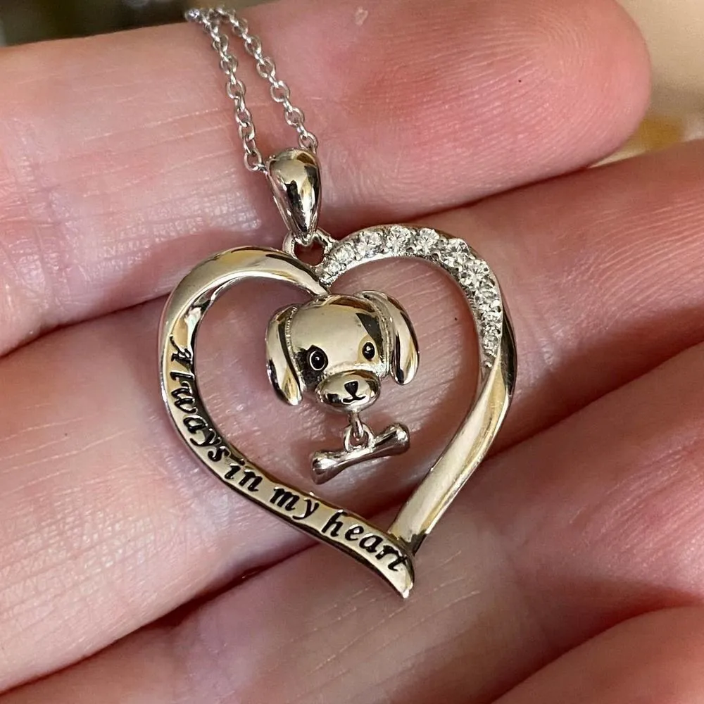 Always In My Heart Puppy Sterling Silver CZ Heart Necklace - Image 3