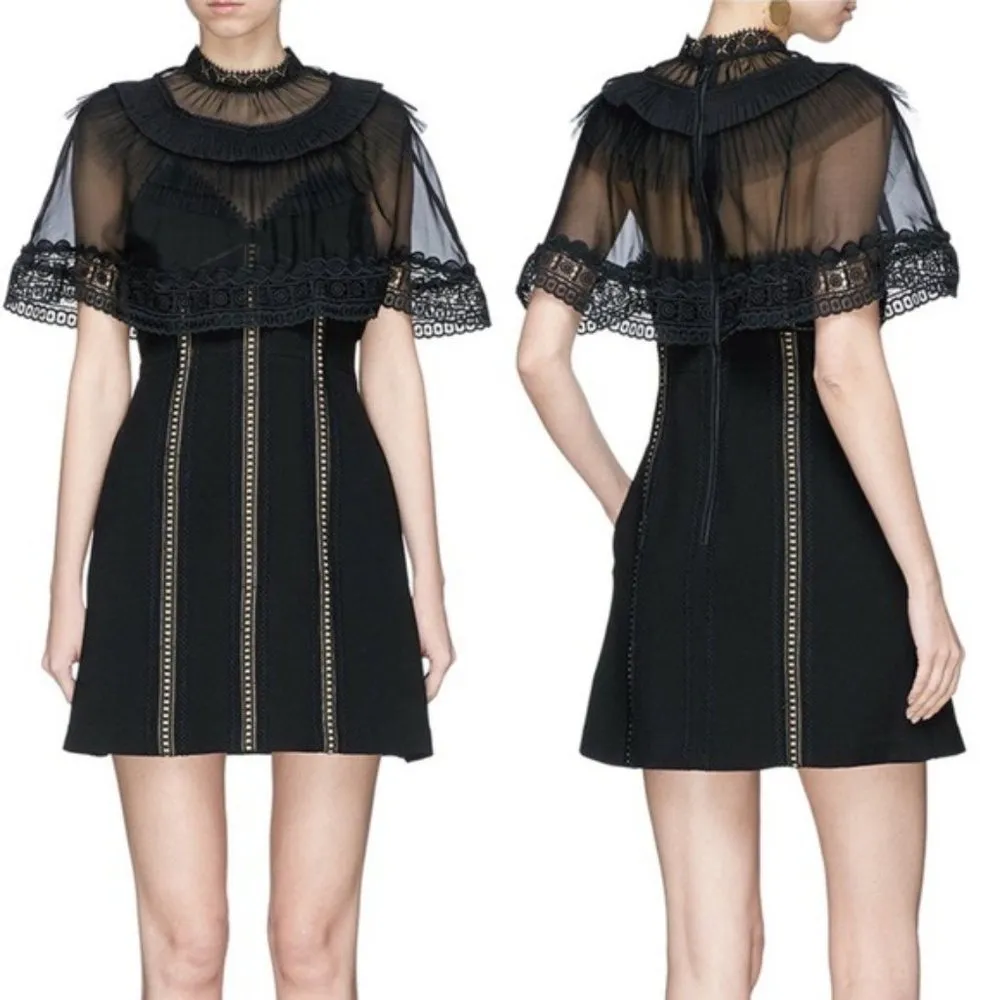 Self-Portrait Black Chiffon Cape Overlay Cady Mini Dress Size 4 - Image 3