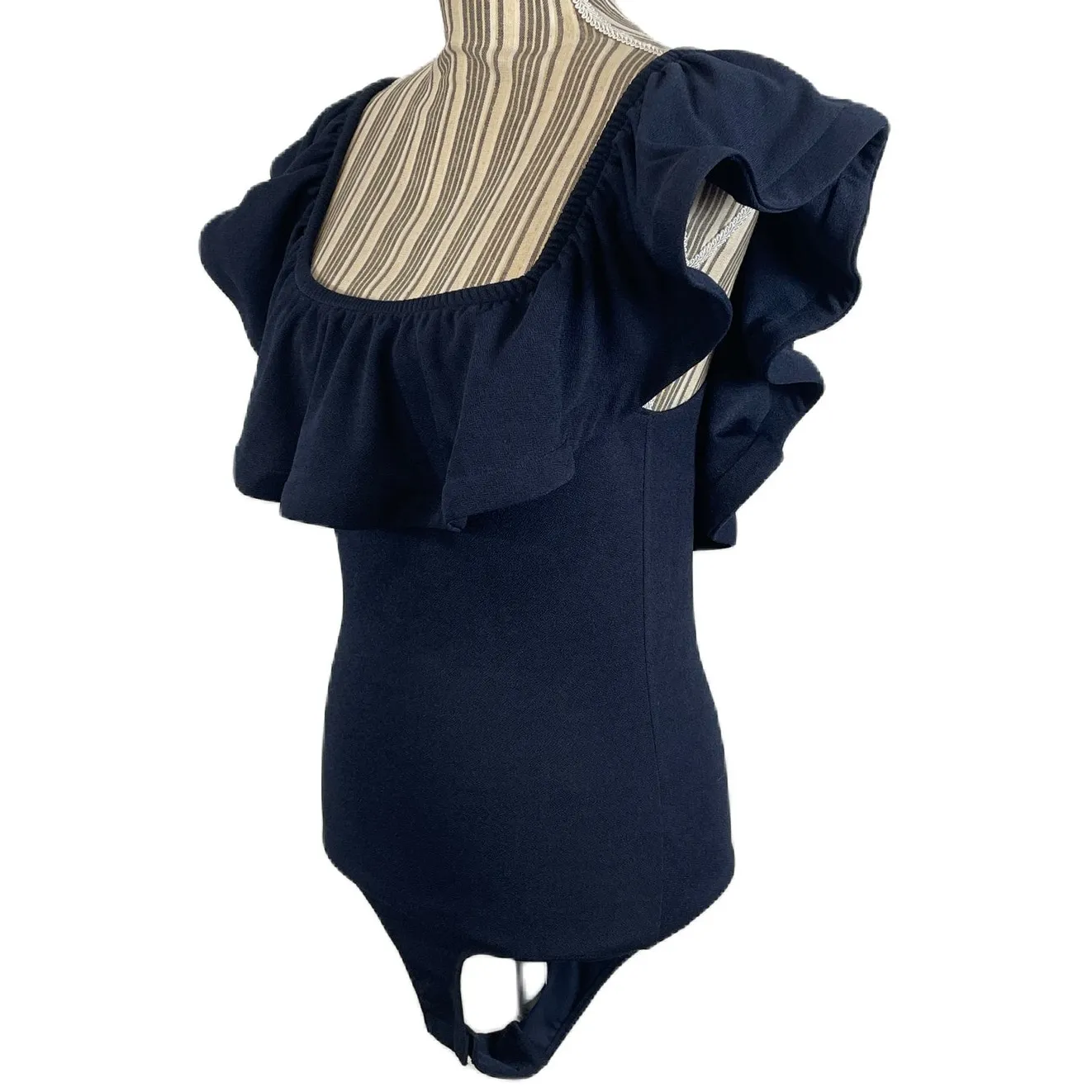 Misa Los Angeles Navy Blue Lyda Stretch Crepe Ruffle Bodysuit Size Large - Image 4