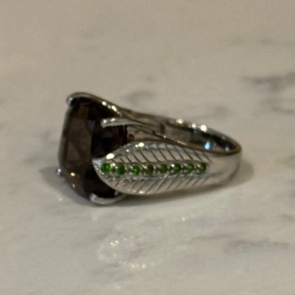 Sterling Silver 925 large smokey gem green smaller gems botanical Ring Sz 7.5 - Image 4