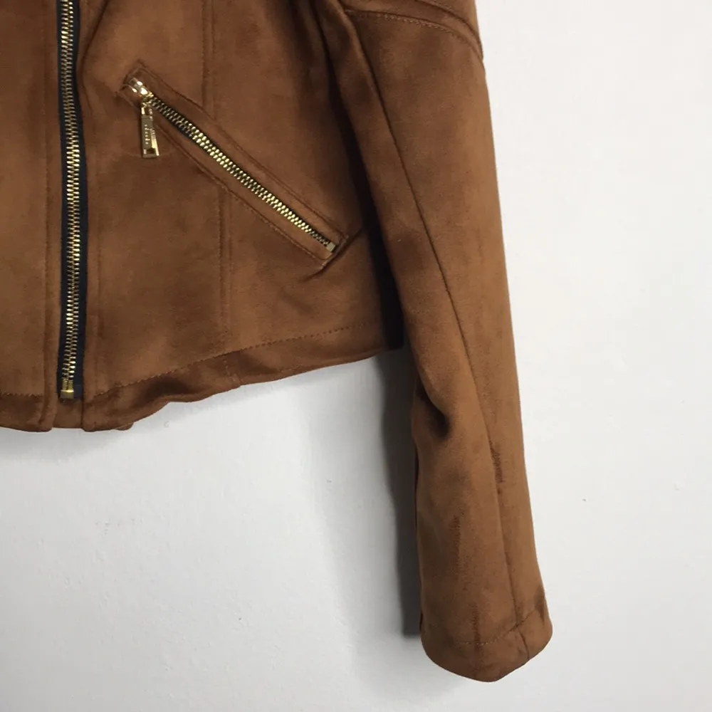 Jou Jou Faux Suede Tan Brown Zip Up Moto Jacket size large - Image 3
