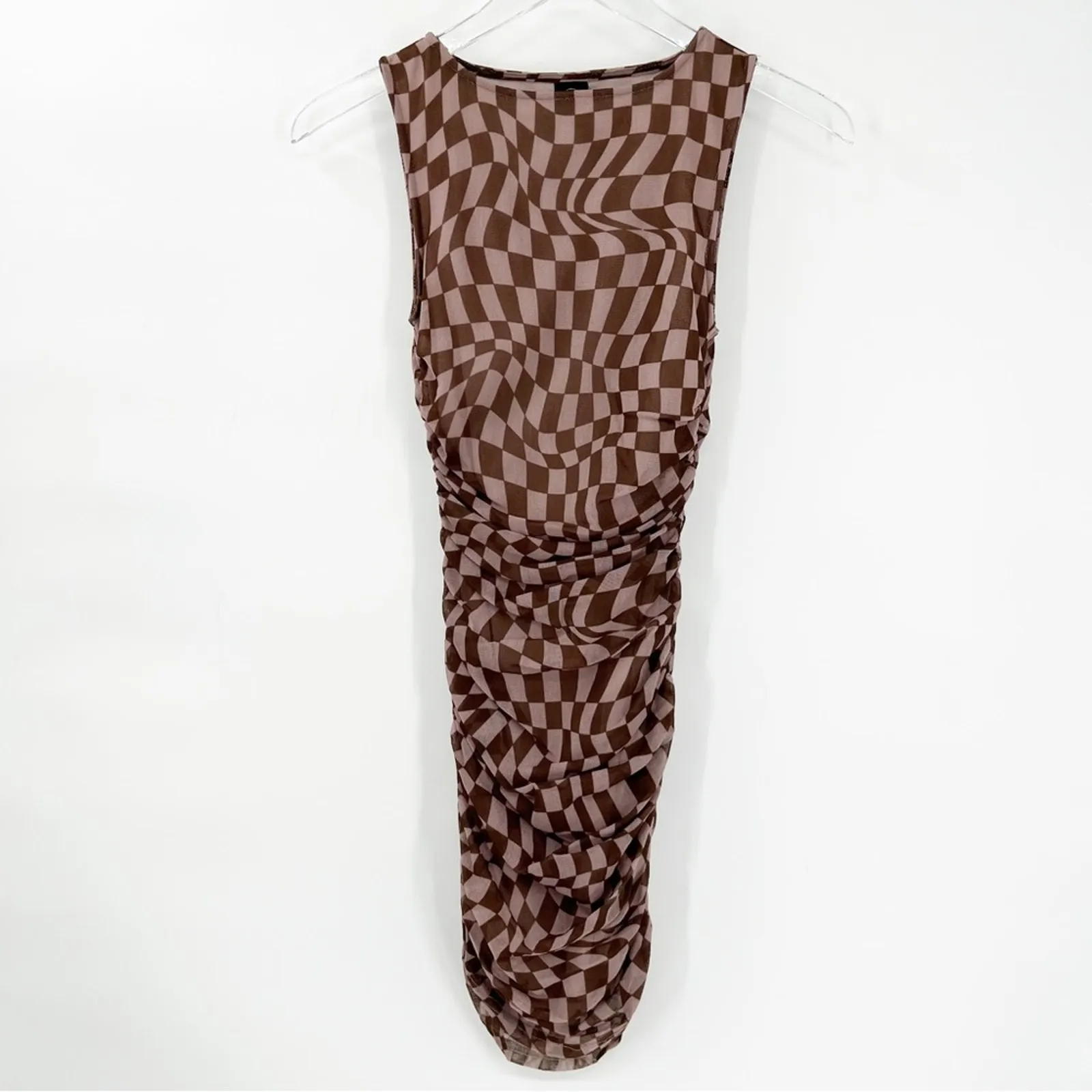 NEW Urban Outfitters Austin Wavy‎ Checkerboard Mesh Bodycon Mini Dress XS Brown - Image 2