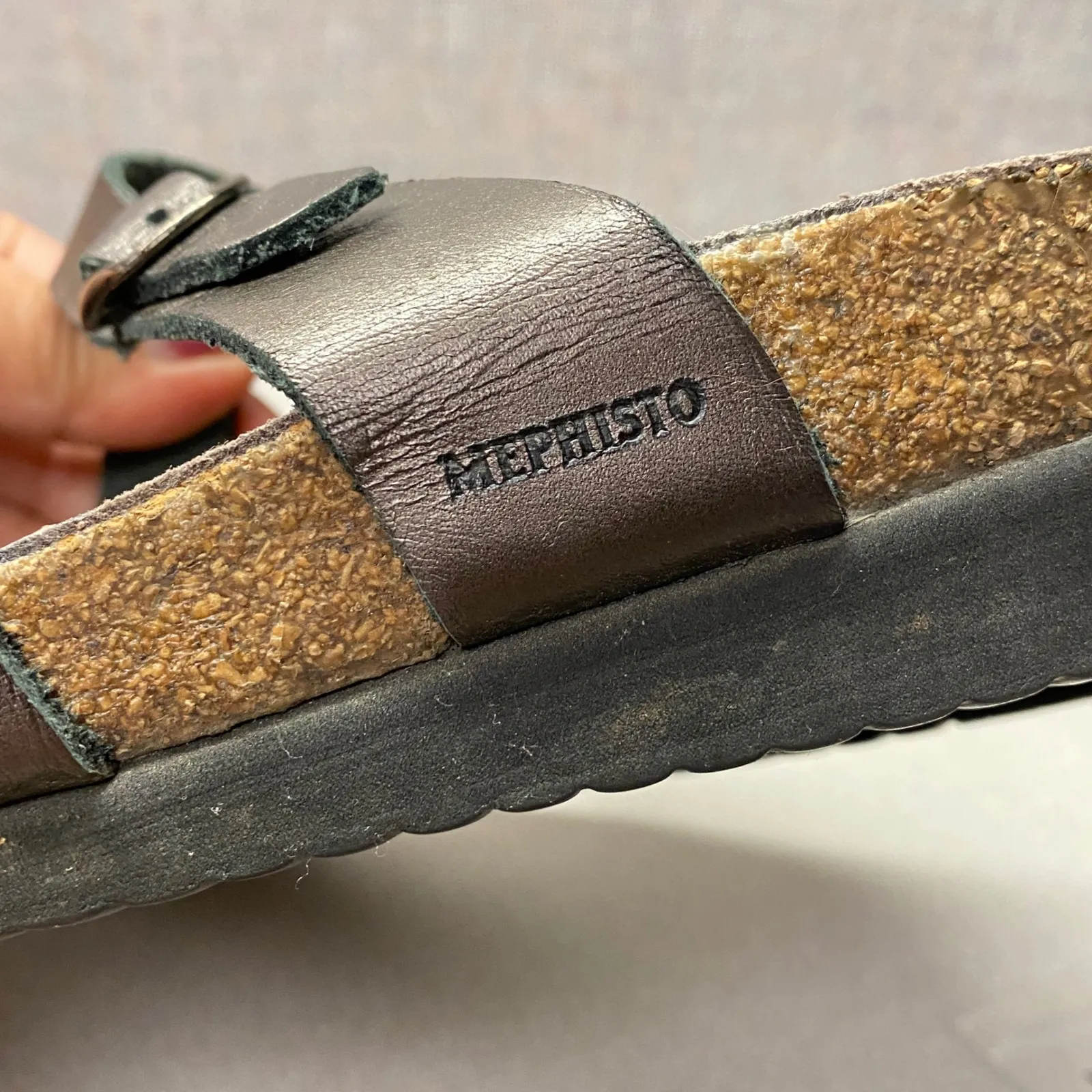MEPHISTO Women's Size 37 7 Metallic Bronze Leather Sandals Cork Footbed Comfort Silver - Image 3