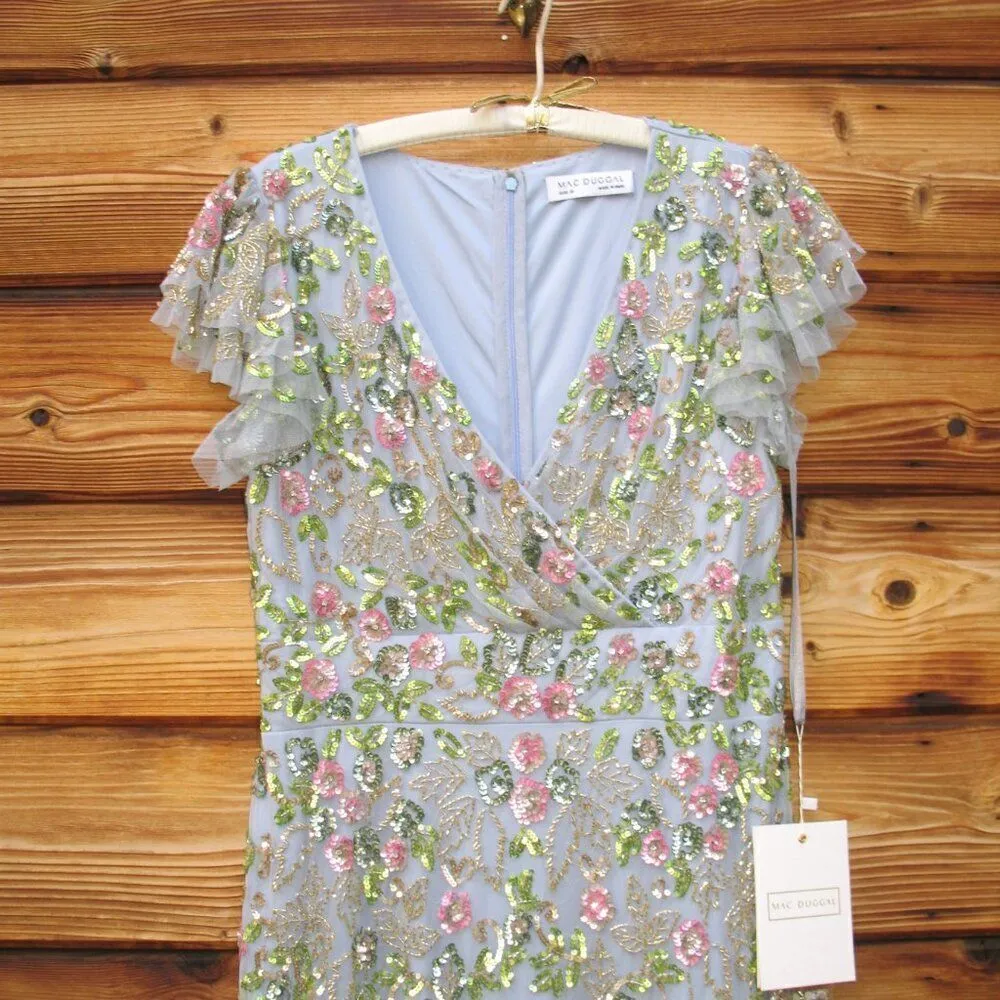 Mac Duggal 5722 Womens Blue FLORAL EMBELLISHED FLUTTER CAP SLEEVE DRESS - Image 10