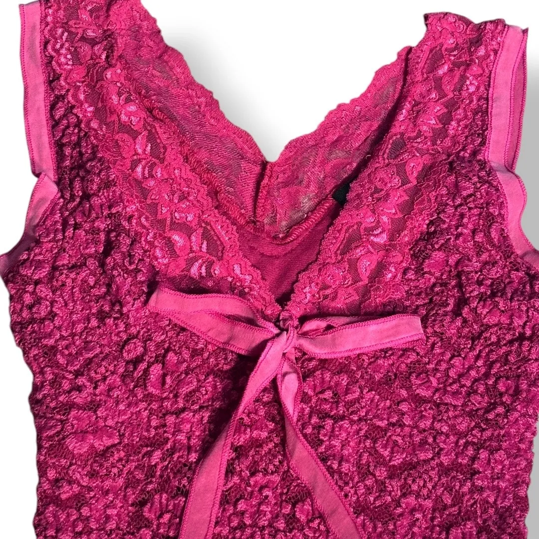 Vintage Y2K Ann Ferriday Burgundy Lace Mesh Top Small Romantic Ribbon Bow Sheer Red - Image 7