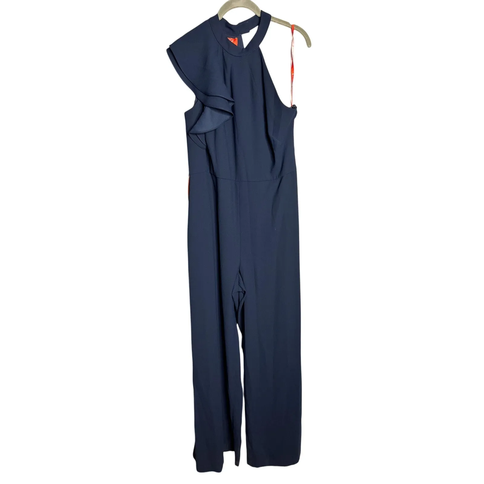 NWT Monique Lhuillier Ruffled Satin Jumpsuit Size 14 Halter Wide Leg Navy Blue - Image 4