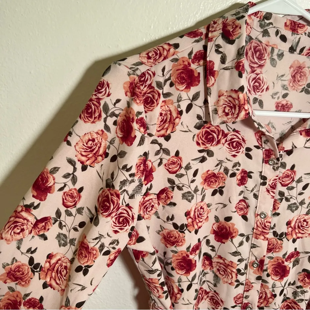 Button Down Shirt Dress Light Pink Rose Floral Belted Size M - Image 6
