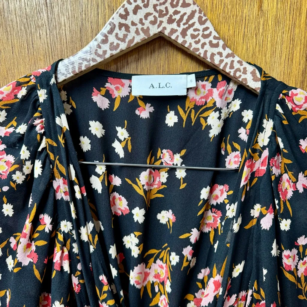 A.L.C. Carlo Silk Long Balloon Sleeve Wrap Mini Dress Dark Floral 6 - Image 8