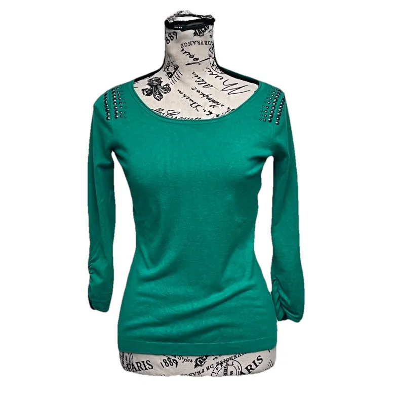 Y2K Express Kelly Green Studded Sweater Top S Preppy Coastal Beach Forest Fairy - Image 2