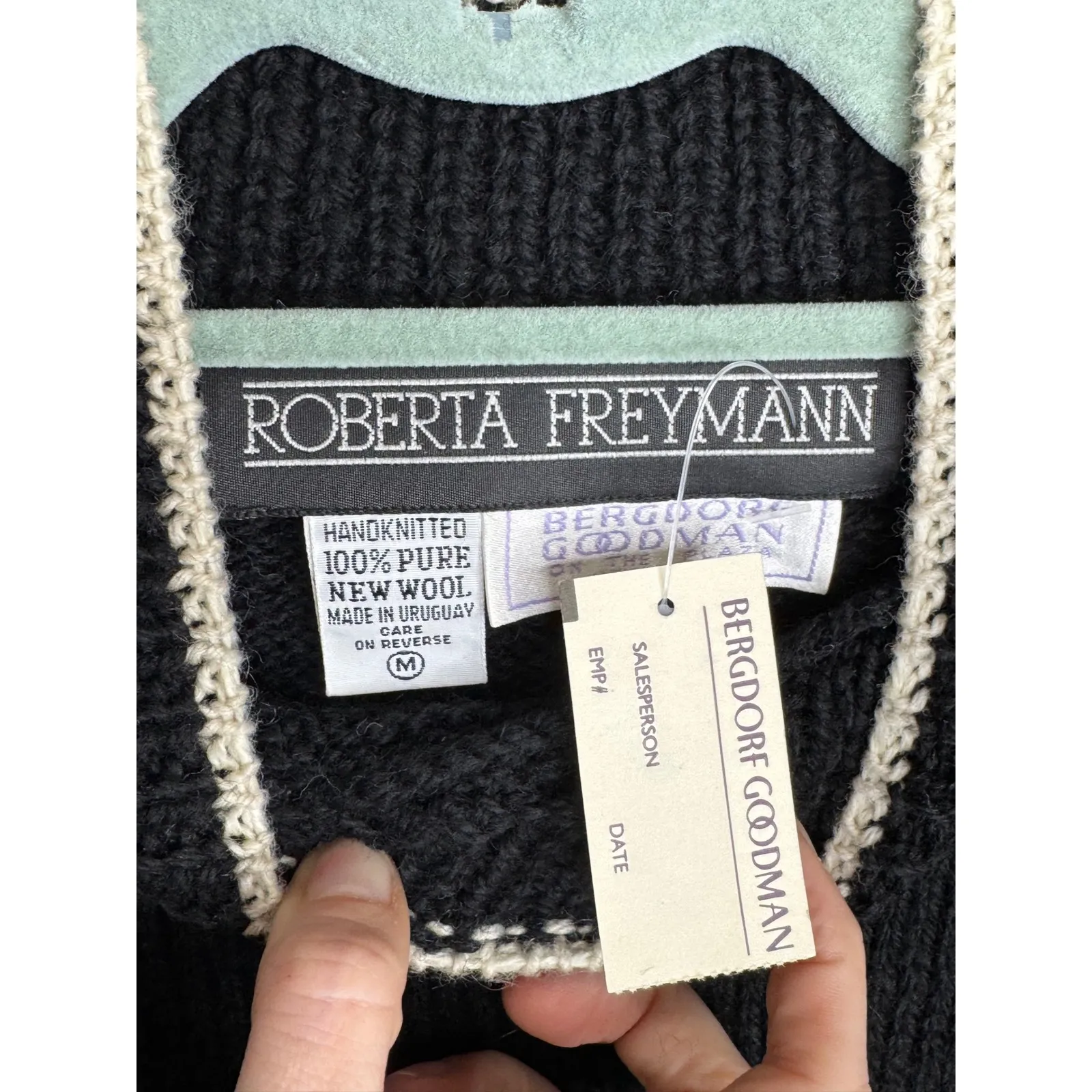 VTG NWT Roberta Freymann Bergdorf Goodman Handknit Wool Black White Sweater Sz M - Image 6