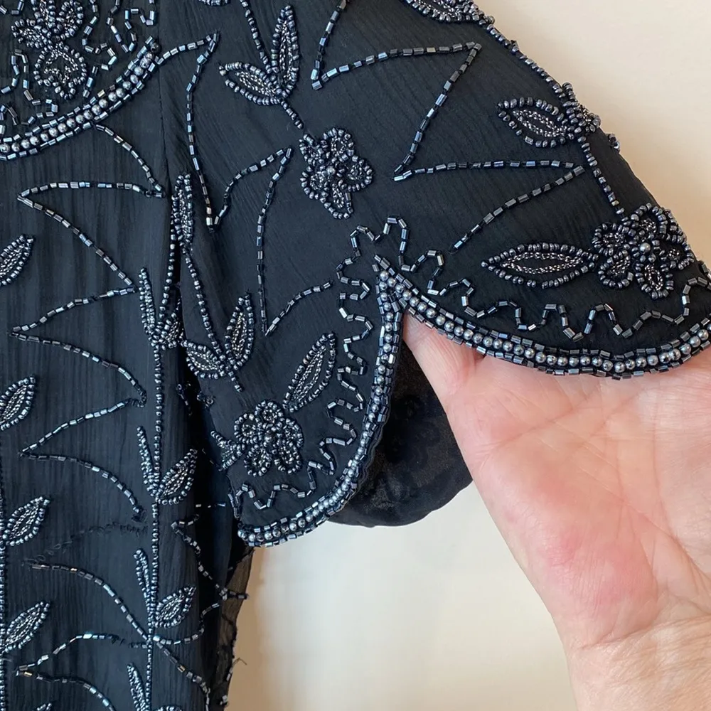 Cote d’ Azur Vintage 1980s Disco Beaded Black Sequin Short Sleeve Top Blouse XL - Image 3