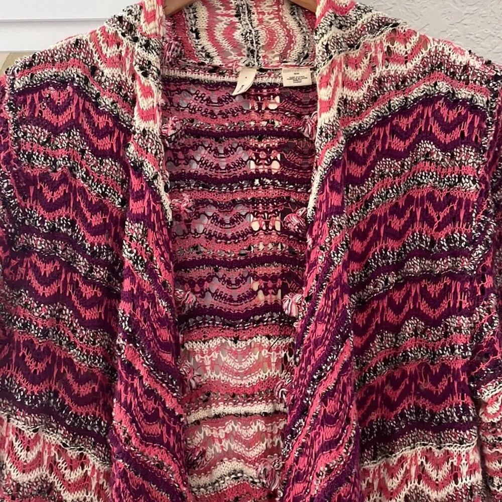 Anthropologie Moth Kasimira Open Knit Cardigan Pom Poms Pink Spring Lightweight - Image 7