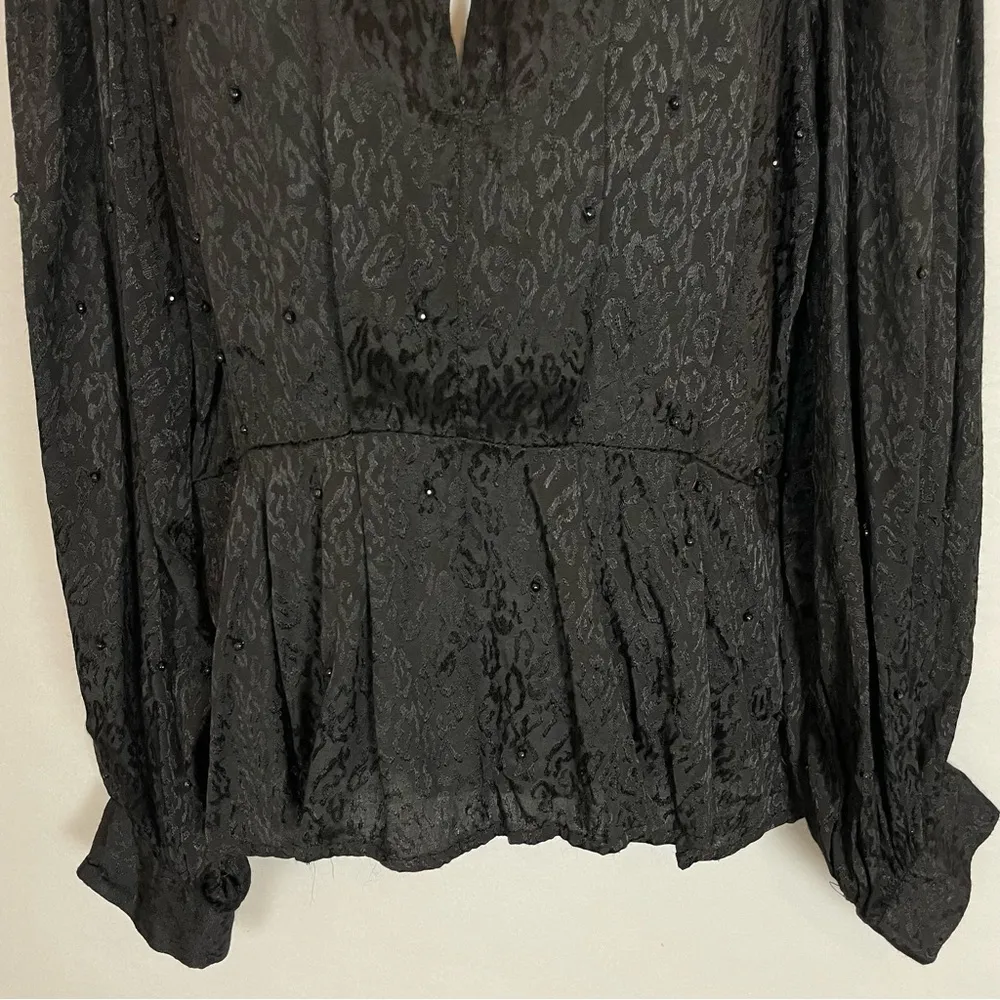 Topshop Blouse Cut-Out Black Leopard Print Beaded Peplum Long Sleeves Size 8 Top - Image 8