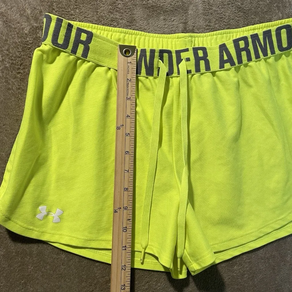 Under Armour Shorts Womens Medium Semi Fitted Neon Yellow Heat Gear Spell Out - Image 4