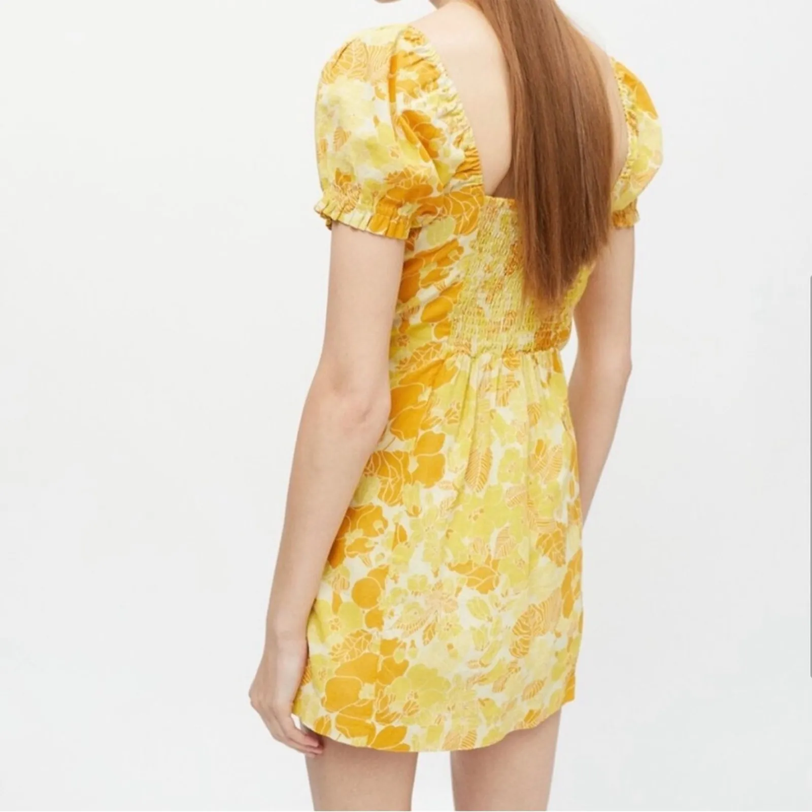 Urban Outfitters Britney Yellow Floral Puffy Short Sleeve Smock Mini Dress‎ Sz M - Image 2