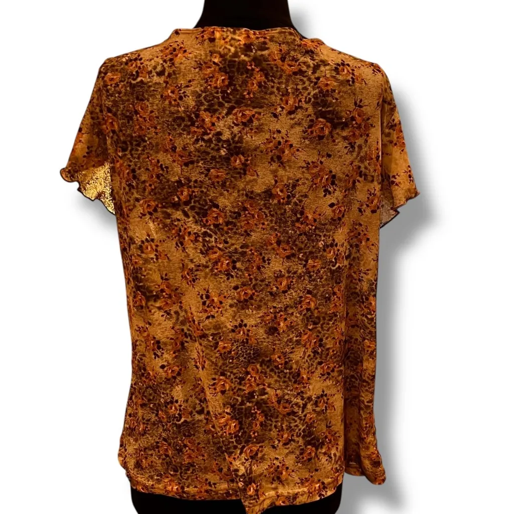Vtg Y2k Autumn Floral Orange Green Brown Hippie Flare Cap Sleeve Top Keyhole L - Image 3