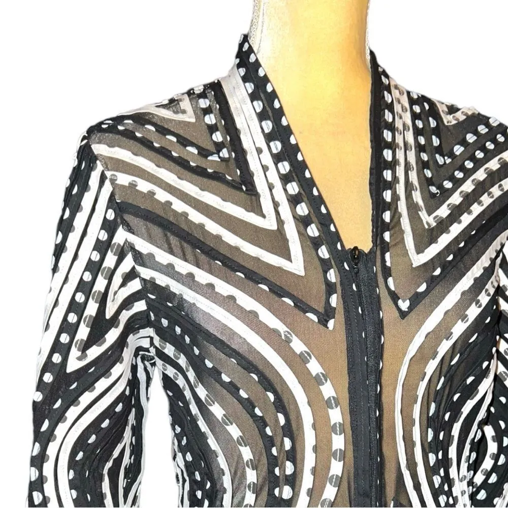 Peck & Peck awesome semi sheer black zip front jacket with white abstract design - Image 4